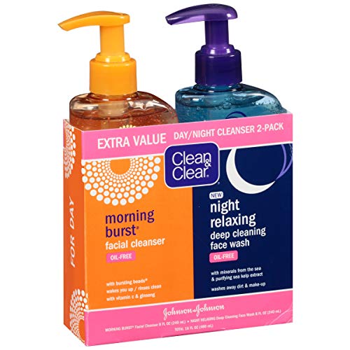 Clean & Clear 2-Pack Day and Night Face Cleanser Citrus Morning Burst Facial Cleanser with Vitamin C and Cucumber, Relaxing Night Facial Cleanser with Sea Minerals, Oil Free & Hypoallergenic Face Wash: Beauty